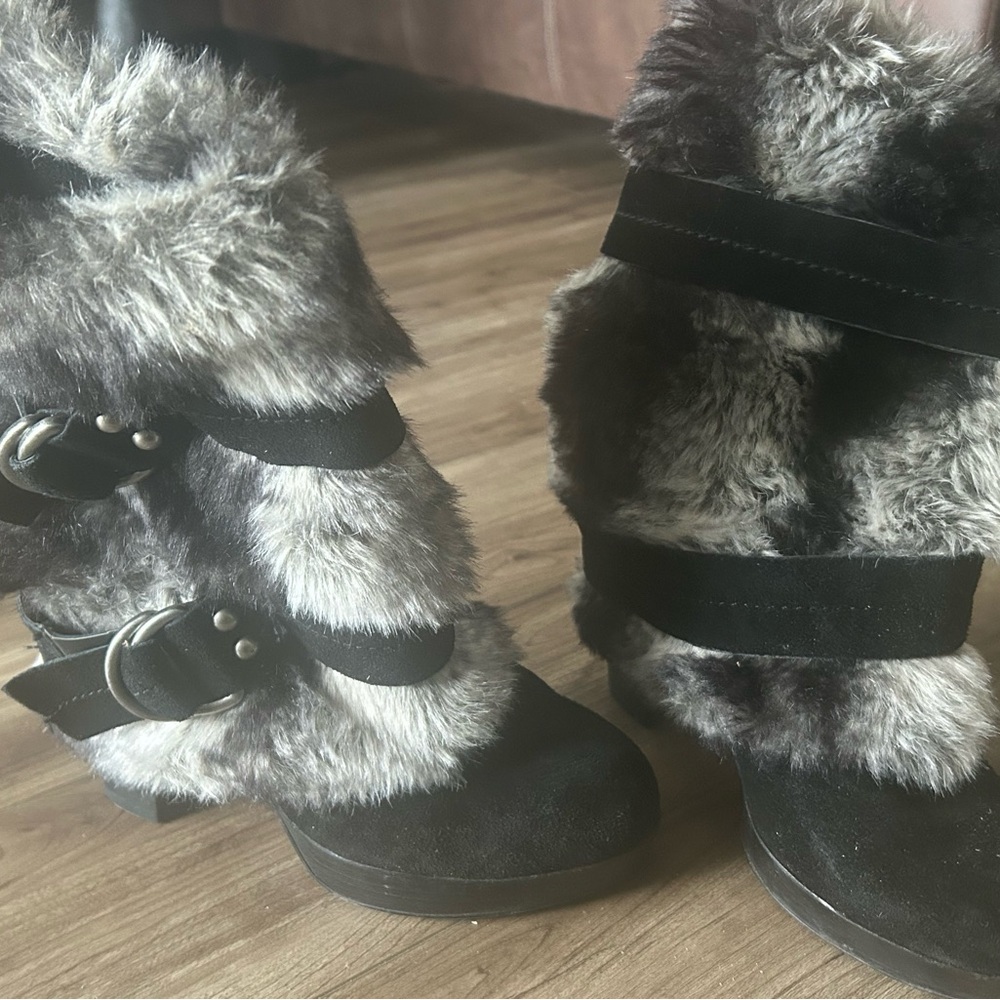 Naughty Monkey Black and Gray Faux Fur Buckle Boots